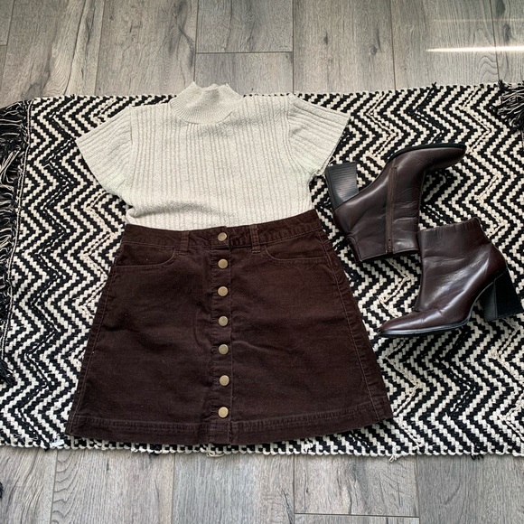 Brown Corduroy Mini Button Skirt - Picture 1 of 8